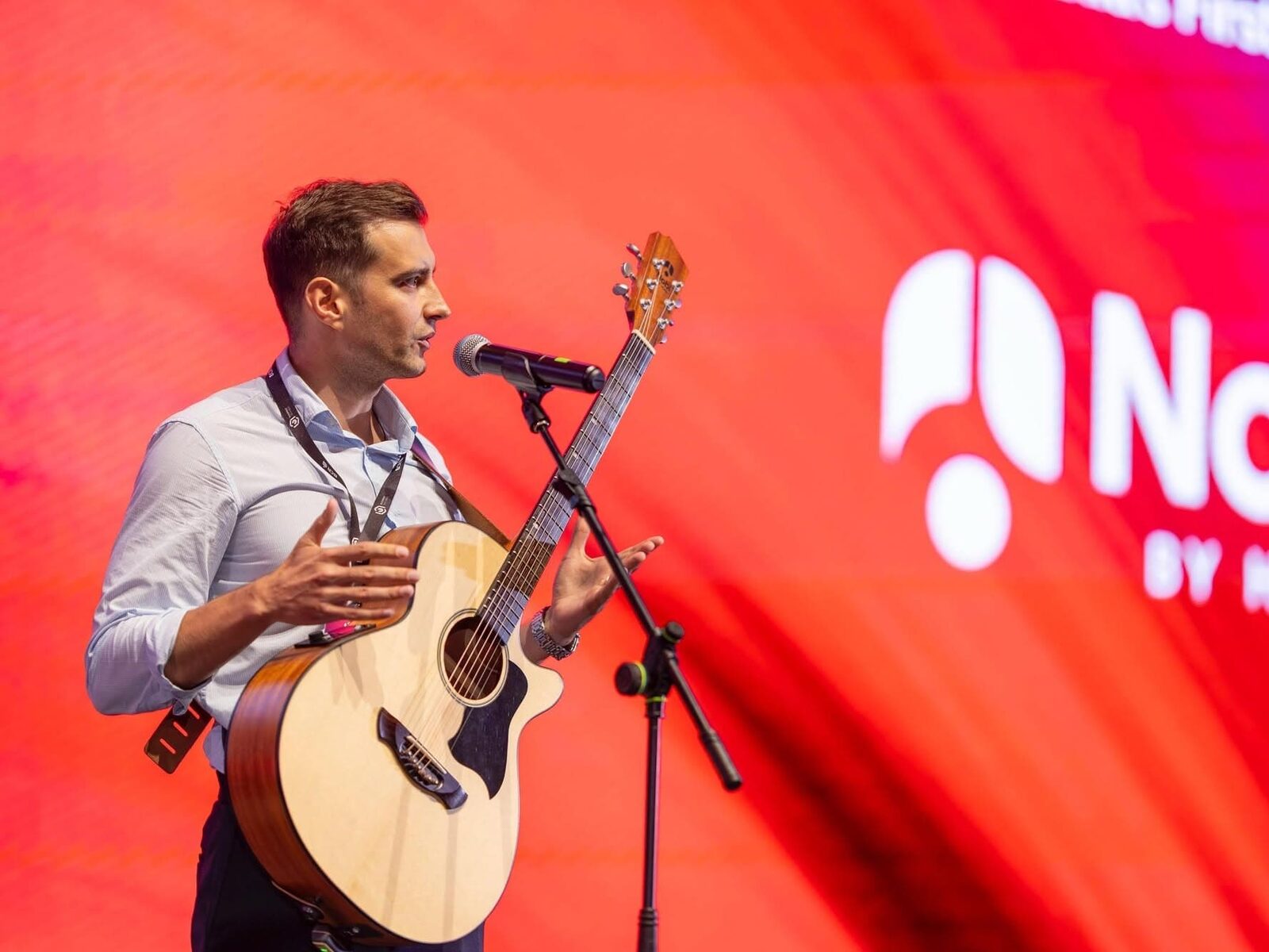 A Nobl guitar presented on stage at the brand launch